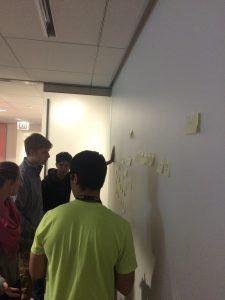 The construction group discusses a schedule by representing various construction tasks with sticky notes.