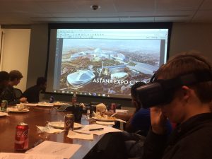 Students tried out the VR headsets during the presentation.